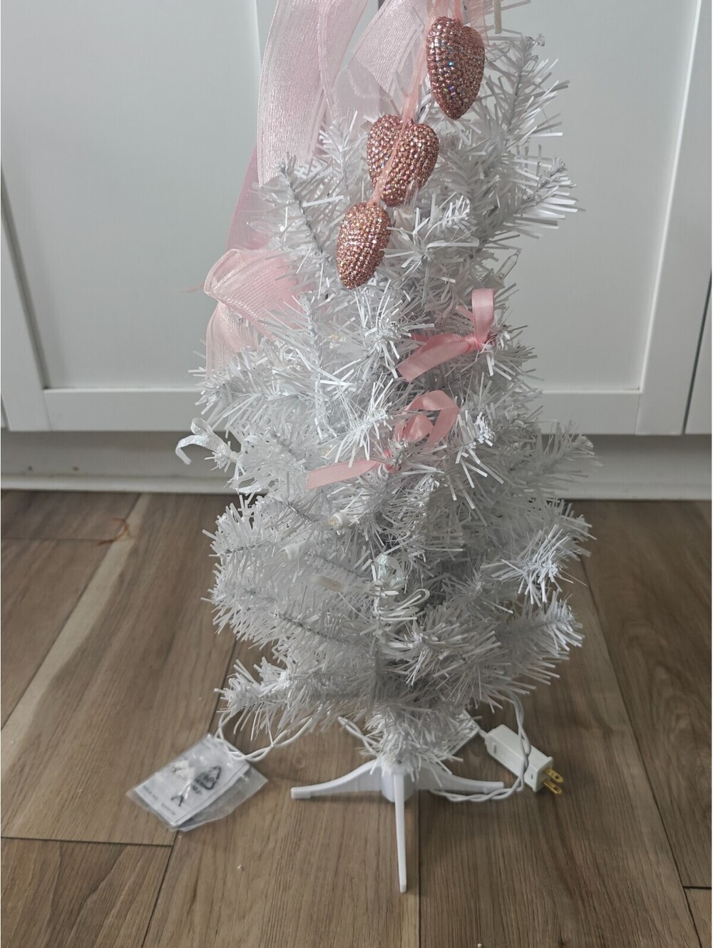 Pre-Lit White Christmas Tree Pink Bows Glitter Hearts Tabletop Holiday Decor